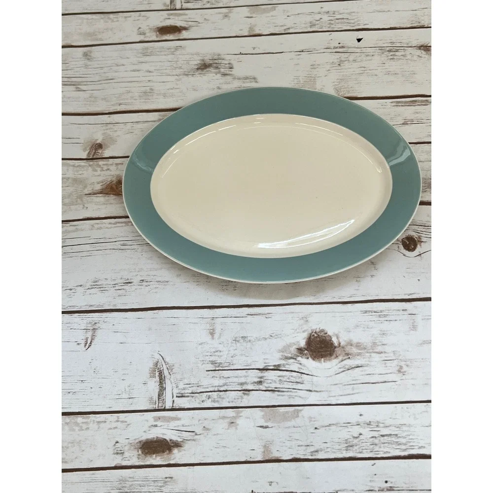 VTG MCM Serving Platter Green Cream Oval Ceramic Minimalist 14.5in